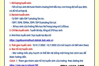 THÔNG BÁO TUYỂN SINH LỚP 6 NĂM HỌC 2022-2023  TRƯỜNG THCS LƯƠNG THẾ VINH- TP. BMT